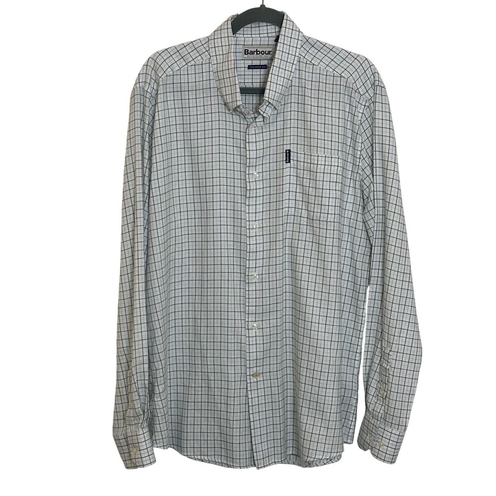 Barbour Eco 4 Tailored Button Down Shirt Size XL White Green Blue Plaid Normcore